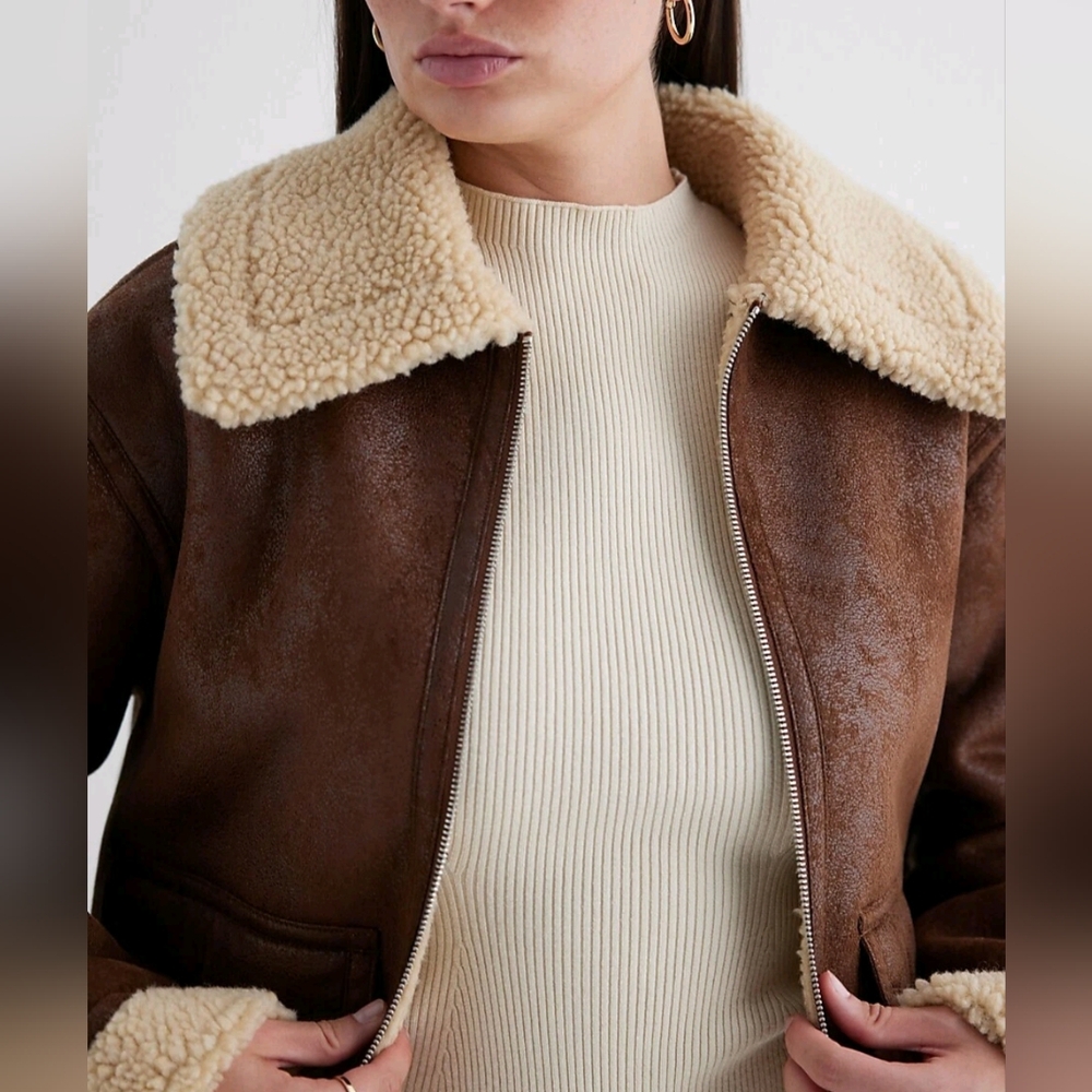 New Without Tags Express Brown and Cream Teddy Jacket with Sherpa Lining XS - Picture 12 of 13